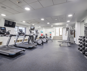 A spacious gym with treadmills, elliptical machines, and dumbbells.